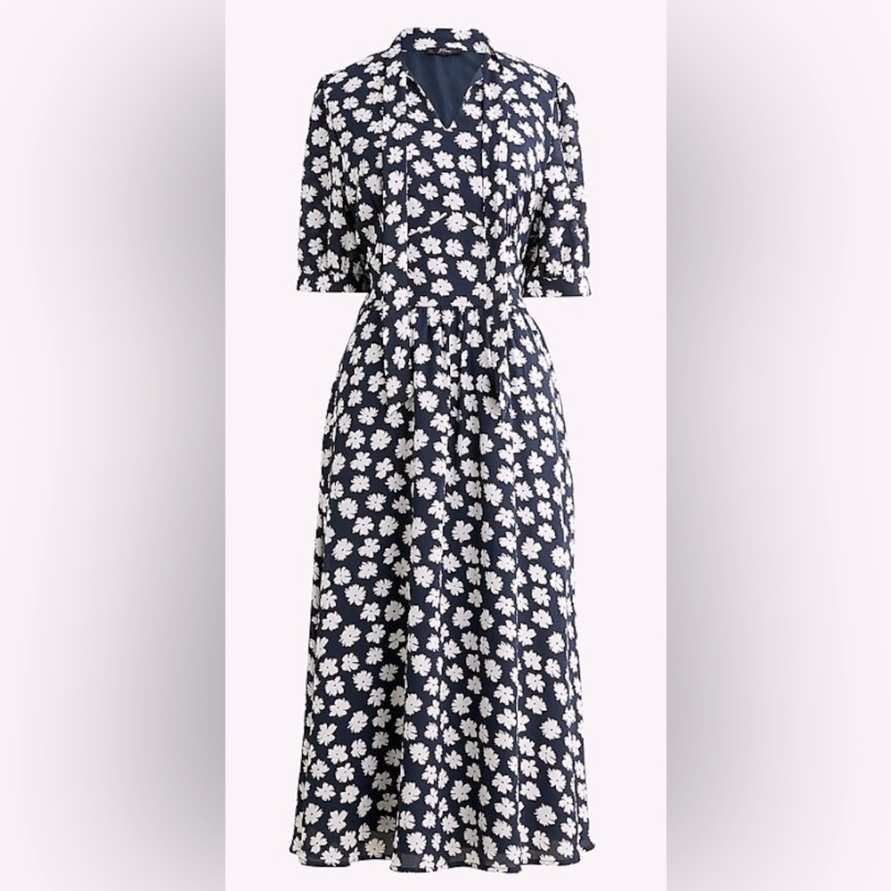 J. Crew Short-sleeve navy tie-neck dress with daisies, size 4, New With Tags